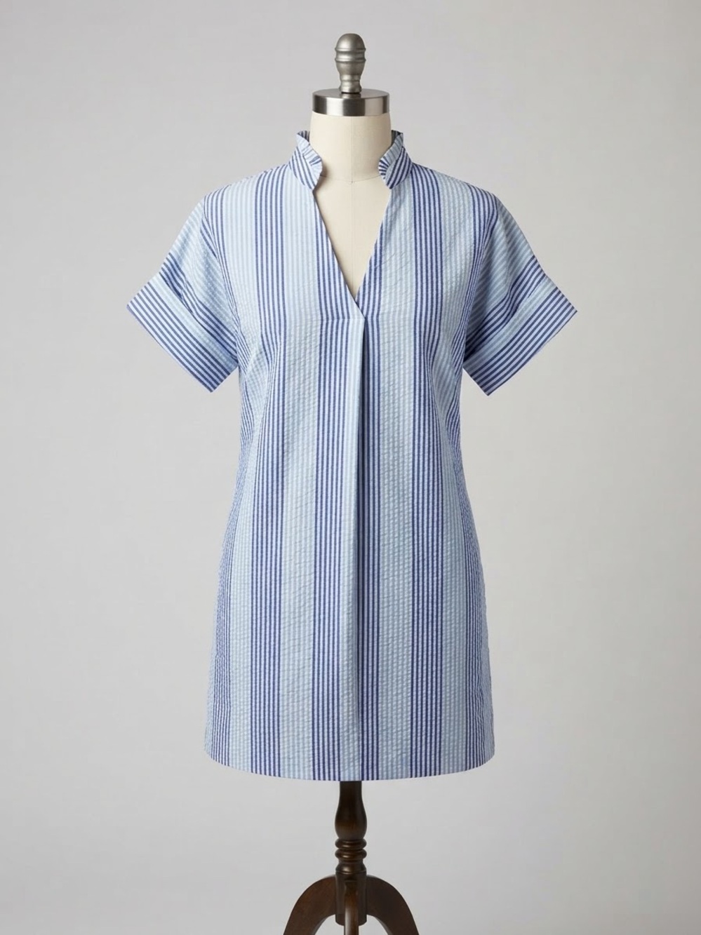 THML Blue and Navy Vertical Stripe Split-V Shift Dress